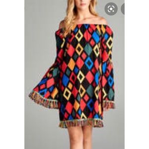 Geometric Abstract Print Dress Tassel Fringe Trim